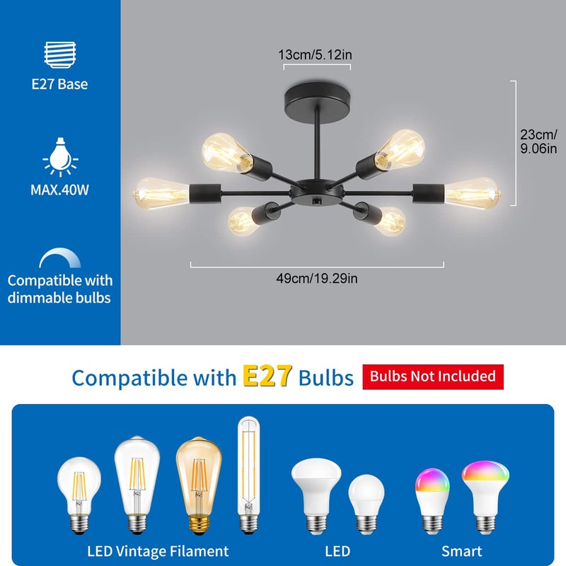 ANWIO Matte Black Sputnik Chandeliers 6 Lights, Semi Flush Mount Ceiling Light with E27 Base ,Industrial Chandelier,Pendant Lighting for Bedroom,Dining ,Living Room,Kitchen(Bulbs not Included) - Image 2