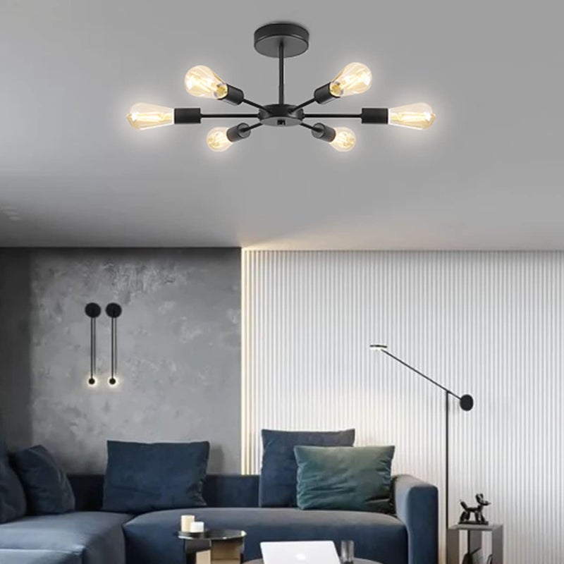 ANWIO Matte Black Sputnik Chandeliers 6 Lights, Semi Flush Mount Ceiling Light with E27 Base ,Industrial Chandelier,Pendant Lighting for Bedroom,Dining ,Living Room,Kitchen(Bulbs not Included) - Image 1