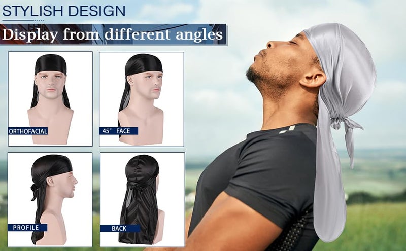 Fxhixiy Store Men Women Durag Extra Long-Tail Headwraps Silky Satin Pirate Cap Bandana Hat for 360 Waves - Image 2