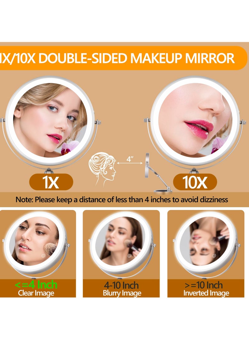 KASTWAVE Rechargeable Lighted Makeup Mirror, 8 Inch Height Adjustable 1X/10X Magnification, 3-Color Dimmable Lights, 360° Swivel Double-Sided Tabletop Vanity Mirror - Image 3