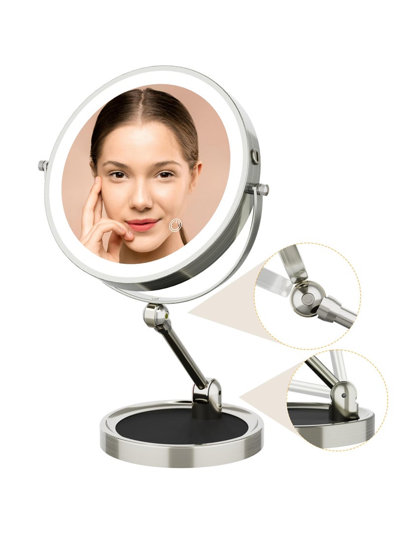 KASTWAVE Rechargeable Lighted Makeup Mirror, 8 Inch Height Adjustable 1X/10X Magnification, 3-Color Dimmable Lights, 360° Swivel Double-Sided Tabletop Vanity Mirror - Image 1