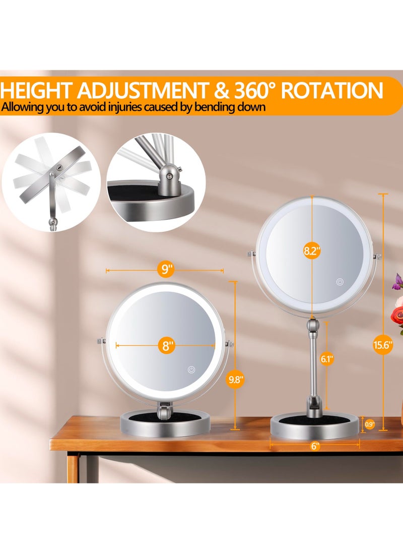 KASTWAVE Rechargeable Lighted Makeup Mirror, 8 Inch Height Adjustable 1X/10X Magnification, 3-Color Dimmable Lights, 360° Swivel Double-Sided Tabletop Vanity Mirror - Image 5