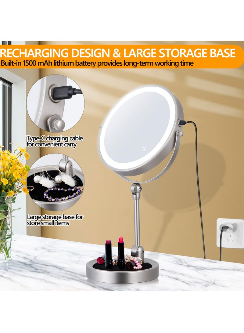 KASTWAVE Rechargeable Lighted Makeup Mirror, 8 Inch Height Adjustable 1X/10X Magnification, 3-Color Dimmable Lights, 360° Swivel Double-Sided Tabletop Vanity Mirror - Image 4