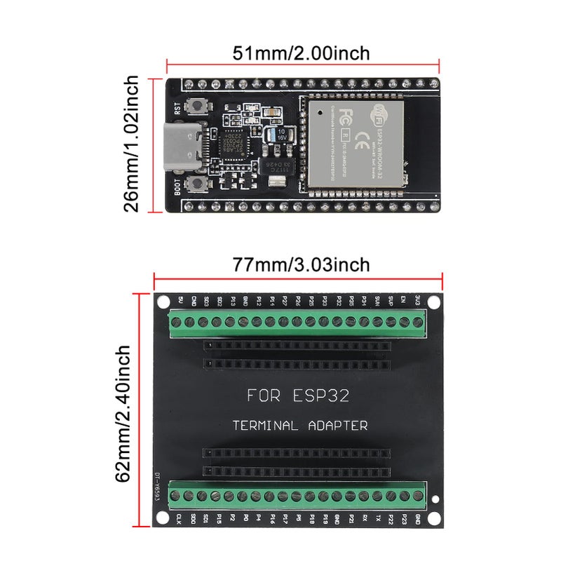 AITRIP 3Sets USB C 38 Pin ESP32 ESP-32D ESP-WROOM-32 CP2012 WiFi+Bluetooth Dual Core Type-C Interface ESP32-DevKitC-32 Development Board Module with ESP32 Breakout Board Shield Terminal Adapter - Image 3