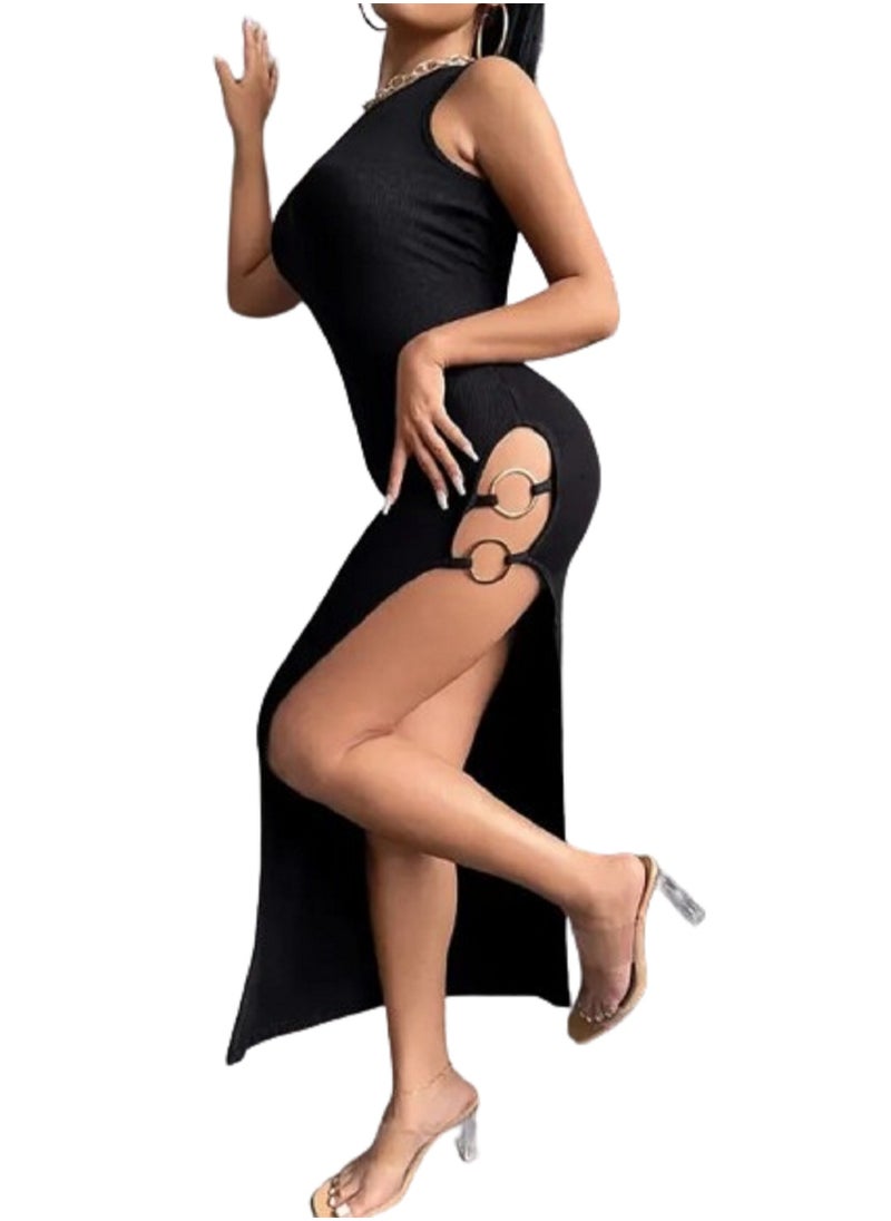 Ward - Women's black dress with a side slit - Image 1