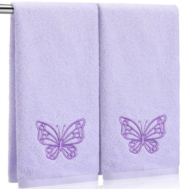SmoothNovelty 2 Pcs Butterfly Hand Towels Light Purple Bathroom Decor 14x29 Inch Embroidered 100% Cotton Soft Absorbent Spring Summer Washcloths Decorative Hand Towels for Bathroom Kitchen - Image 1