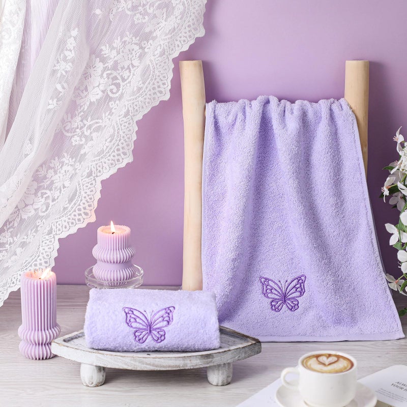 SmoothNovelty 2 Pcs Butterfly Hand Towels Light Purple Bathroom Decor 14x29 Inch Embroidered 100% Cotton Soft Absorbent Spring Summer Washcloths Decorative Hand Towels for Bathroom Kitchen - Image 2