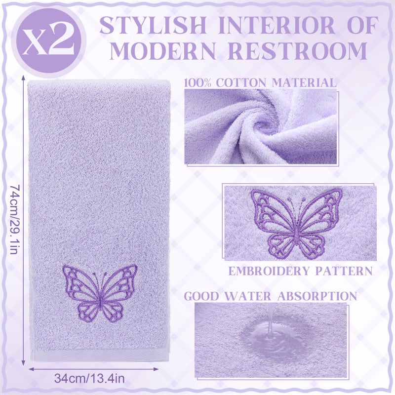 SmoothNovelty 2 Pcs Butterfly Hand Towels Light Purple Bathroom Decor 14x29 Inch Embroidered 100% Cotton Soft Absorbent Spring Summer Washcloths Decorative Hand Towels for Bathroom Kitchen - Image 3