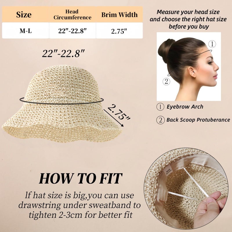 Askljeby Womens Straw Bucket Hat Wide Brim Summer Beach Hat for Women Foldable Travel Sun Hat Fedora Crochet Straw Hat UPF50+, Beige - Image 2