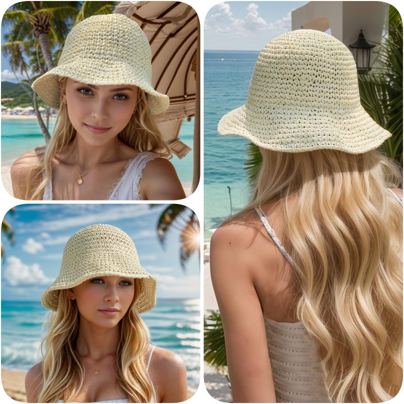 Askljeby Womens Straw Bucket Hat Wide Brim Summer Beach Hat for Women Foldable Travel Sun Hat Fedora Crochet Straw Hat UPF50+, Beige - Image 3