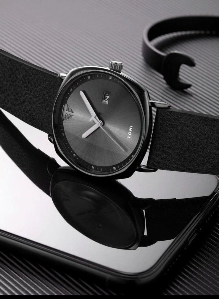 TOMI Tomi Black Leather Watch For Men And Women  - Image 3