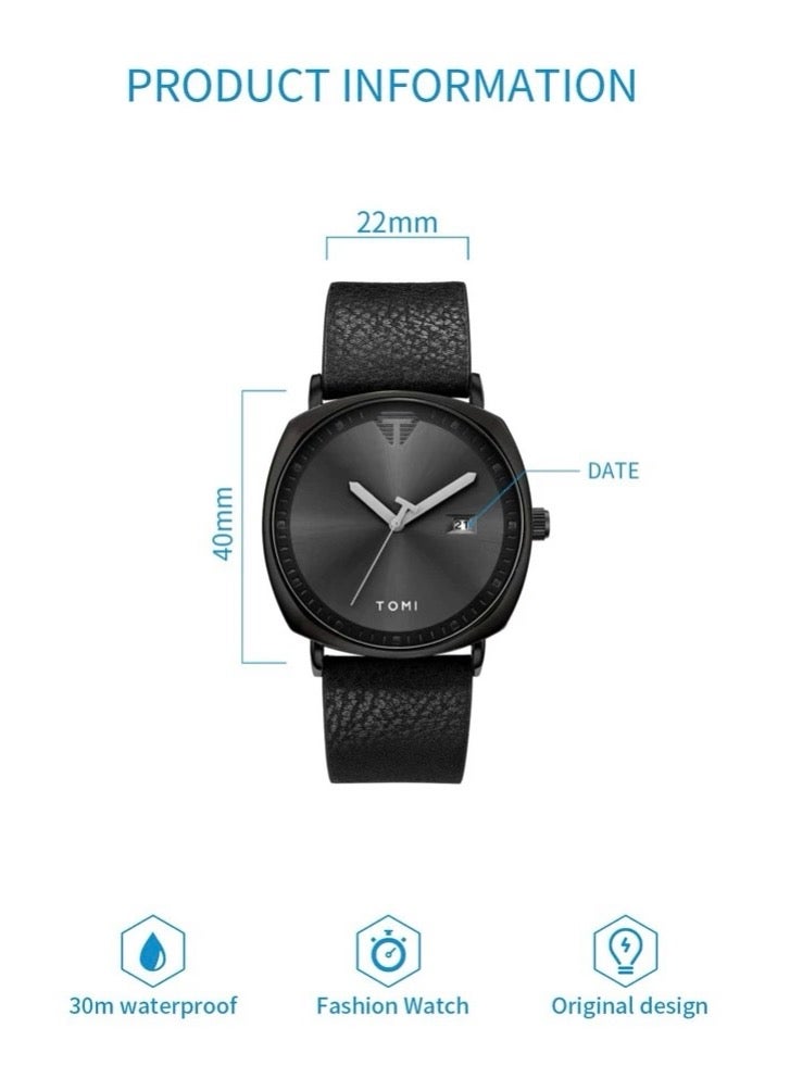 TOMI Tomi Black Leather Watch For Men And Women  - Image 5