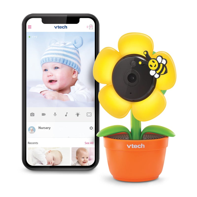 VTech RM9751 Yellow Daisy Smart Wi-Fi Baby Camera, iOS & Android Enabled, 1080p Full HD, Privacy Mode Cover, Night Light, Soothing Sounds & Lullabies, Two-way Intercom,Temperature Sensor, Night Vision - Image 1