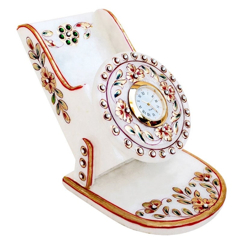 Handicrafts Paradise Handicrafts Paradise Rajasthani Marble Mobile Holder with Clock - Image 1