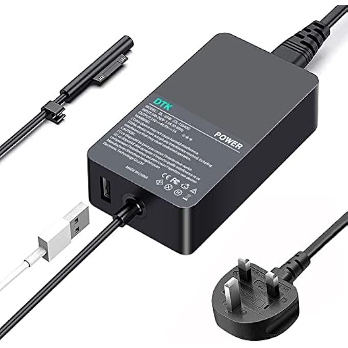 DTK SURFACE PRO CHARGER, 15V 4A 65W LAPTOP POWER ADAPTER FOR MICROSOFT SURFACE PRO 3/4/5/6/7/8/X SURFACE BOOK 1 2 3 SURFACE GO 1 2 SURFACE TABLET WITH USB CHARGING PORT - Image 1