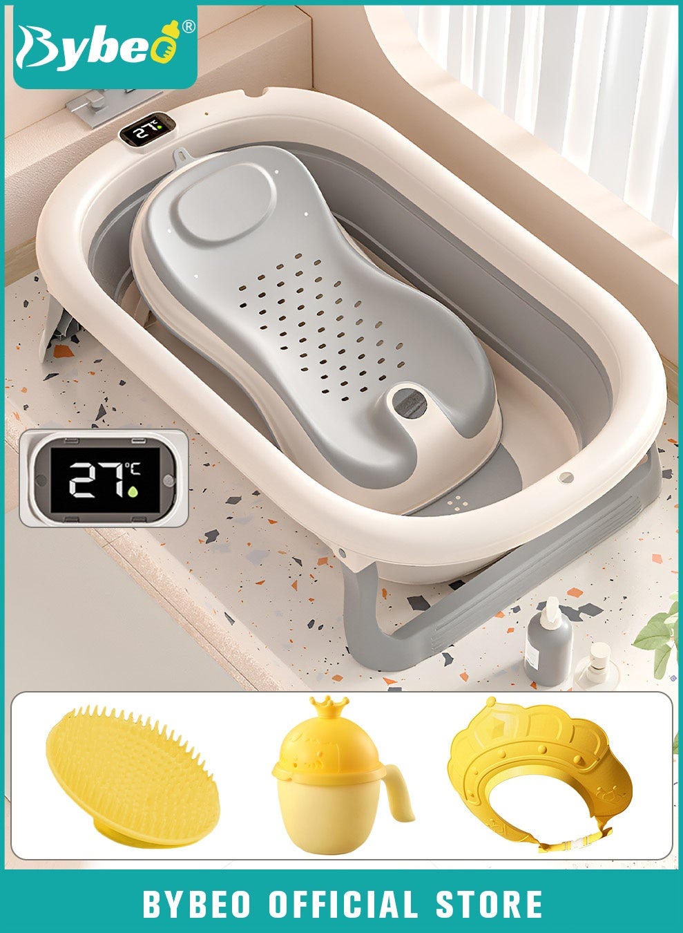 5 PCS Baby Bath Tub, Foldable Bathtub with Temperature Sensing + Baby Bath Chair + Shower Cap *1 + Washing Hair Shower Shampoo Cup *1 + Shampoo Brush *1