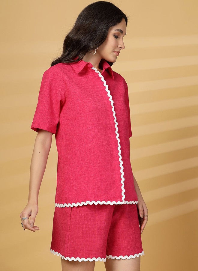 PlusS Pink Cotton Shirt And Shorts Set For Women - Image 4