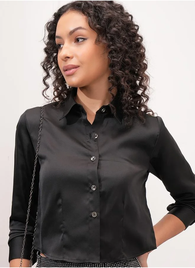 Tokyo Talkies Solid Satin Collared Shirt