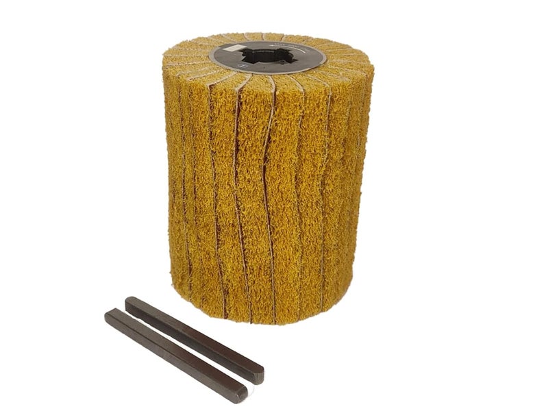 VOLTZ Drum Wheel Polisher Rollers (For VZ-MP650) 80 x 100mm & Grip - 120+240 Non Woven Abrasive Flap Wire Drawing Polishing Burnishing Wheel, Wire Abrasive, Flap Wheels Clear Lines Flap Brush. - Image 1
