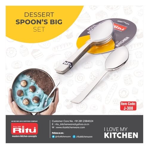 RITU 6 Pieces Stainless Steel Premium Dessert Spoon (Big) Set for Home & Kitchen | Desserts & Frozen Treats | Cutlery Set Food Grade Silverware for Tableware | Mirror Finish | Silver Color - Image 2
