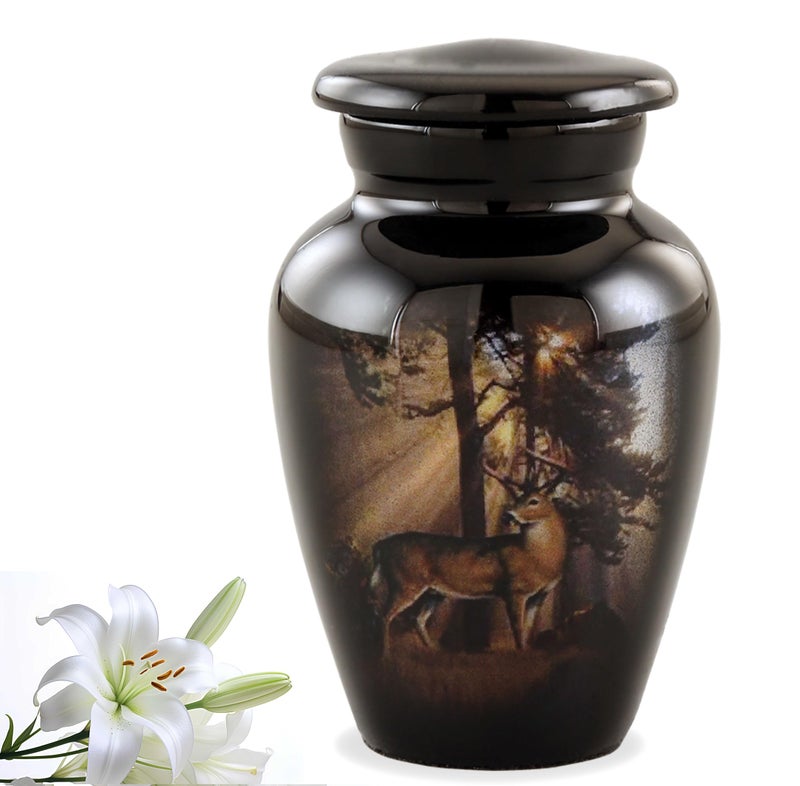 SILENT GOODBYES Gone Hunting Deer Keepsake Urn with Sunrays â€“ Majestic Buck Mini Memorial Urn for Human Ashes â€“ Handcrafted Sharing Token Funeral Urn with Velvet Bag & Funnel (Keepsake) - Image 1