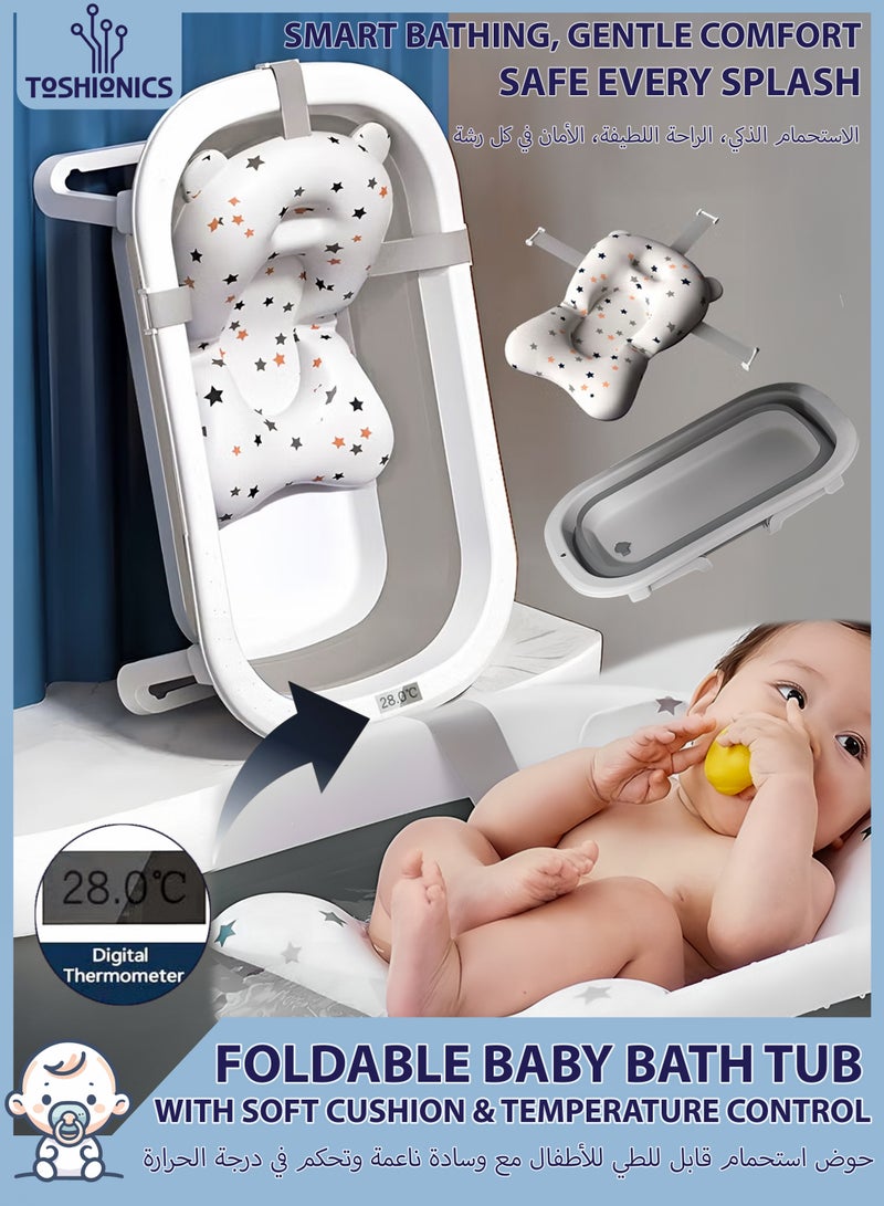 Toshionics Portable Thickened Baby Bath Tub with Non-Slip Base and Integrated Water Plug Free-Standing Collapsible Foldable Bath Shower Tub with Temperature Sensing  + Premium Bathmat Cushion  + Drain Hole + Secure Anti-Skid Base - Foldable Space-saving Durable Bathtub for New Born Infants Babies Small Children  Ecofriendly and Non-Toxic, 0-24 Months Old, Grey - Image 1