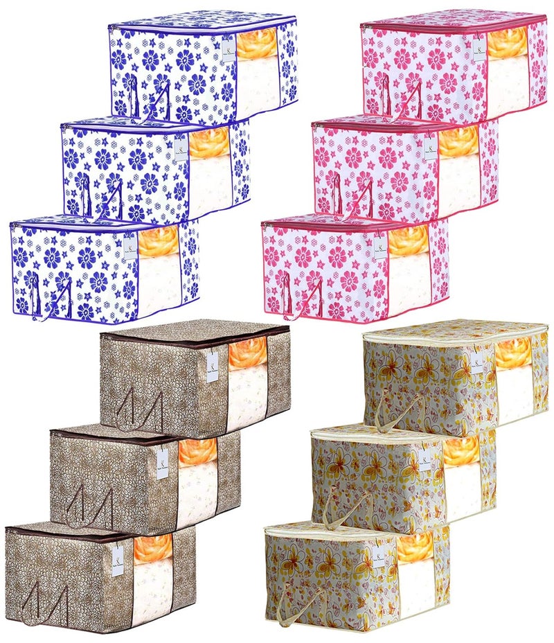 Kuber Industries Kuber Industries Metalic Flower Printed 12 Piece Non Woven Fabric Underbed Storage BagCloth OrganiserBlanket Cover with Transparent Window Pink Blue Ivory Red Golden Brown CTKTC41315  - Image 1