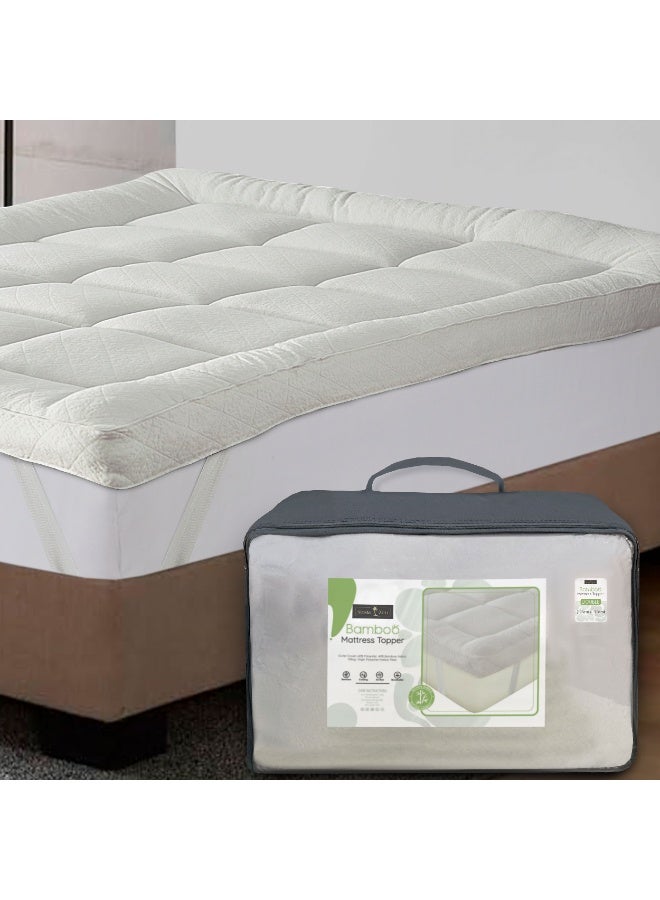 Siesta Zen Bamboo Mattress Topper 4 Inch (10cm) Thick Twin 100x200cmPlush Fiber Fill, Box Quilted for Extra Comfort Breathable & Hypoallergenic Elastic Straps Fit Mattresses Up to 16 Inch - Image 2