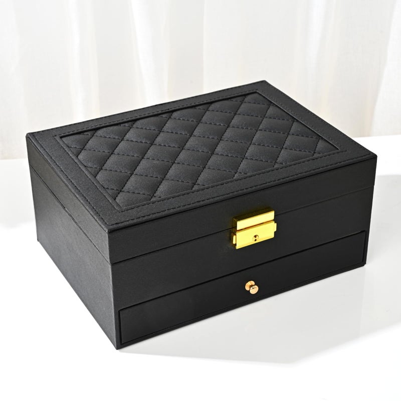 GUOER Jewelry Box for Women Girl Wife - Large PU Leather Jewelry Organizer Storage Case with Two Layers Display for Earrings Bracelets Rings Watches (Black) - Image 1