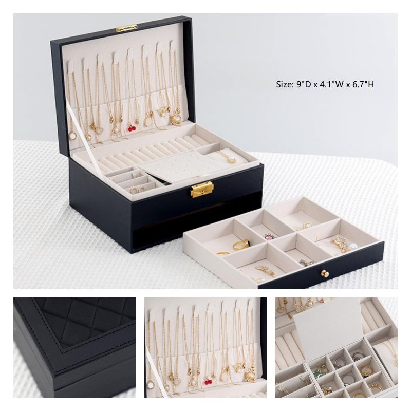 GUOER Jewelry Box for Women Girl Wife - Large PU Leather Jewelry Organizer Storage Case with Two Layers Display for Earrings Bracelets Rings Watches (Black) - Image 3