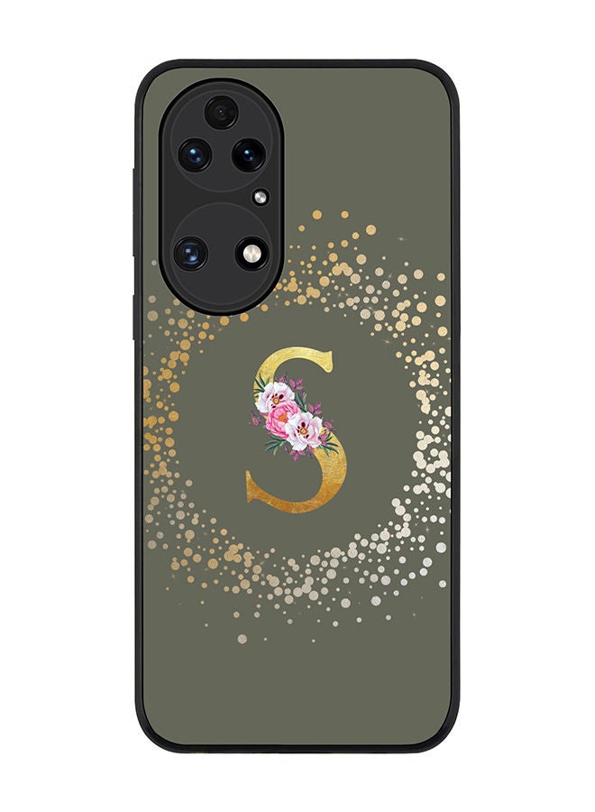 Rugged Black edge case for Huawei P50 Slim fit Soft Case Flexible Rubber Edges TPU Gel Thin Cover - Custom Monogram Initial Letter Floral Pattern Alphabet - S (Olive Green)
