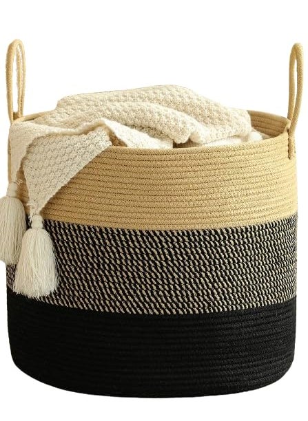 Gleckn Gleckn 65L Extra Large Woven Laundry Hamper Basket with Heavy Duty Cotton Rope Handles for Clothes and Toys in Bedroom Nursery Room Bathroom 13 X 15 BlackBeige  - Image 1