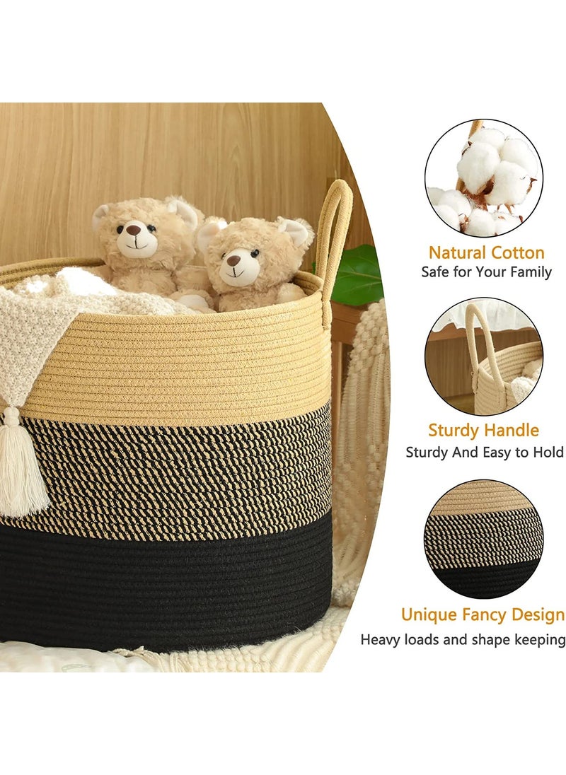 Gleckn Gleckn 65L Extra Large Woven Laundry Hamper Basket with Heavy Duty Cotton Rope Handles for Clothes and Toys in Bedroom Nursery Room Bathroom 13 X 15 BlackBeige  - Image 5
