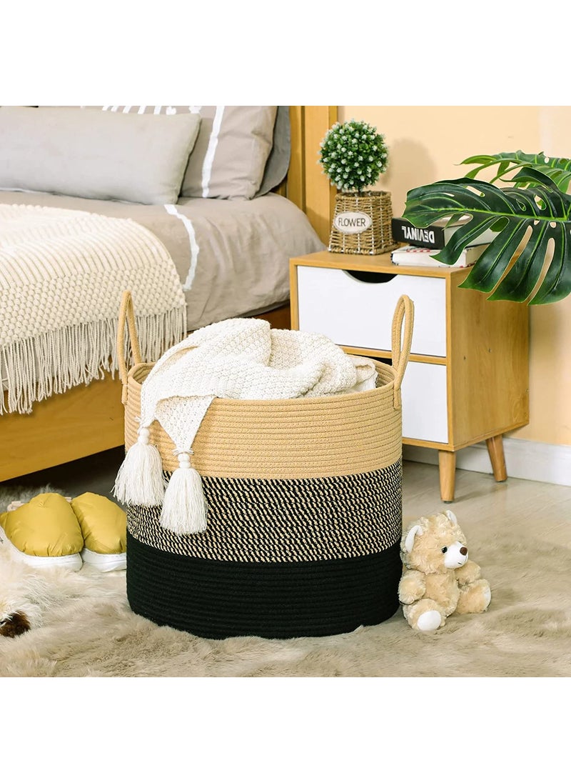 Gleckn Gleckn 65L Extra Large Woven Laundry Hamper Basket with Heavy Duty Cotton Rope Handles for Clothes and Toys in Bedroom Nursery Room Bathroom 13 X 15 BlackBeige  - Image 4