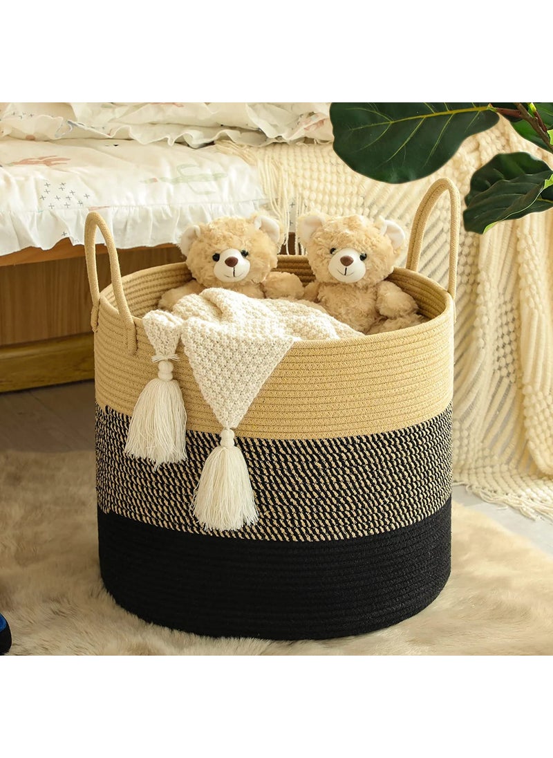Gleckn Gleckn 65L Extra Large Woven Laundry Hamper Basket with Heavy Duty Cotton Rope Handles for Clothes and Toys in Bedroom Nursery Room Bathroom 13 X 15 BlackBeige  - Image 3