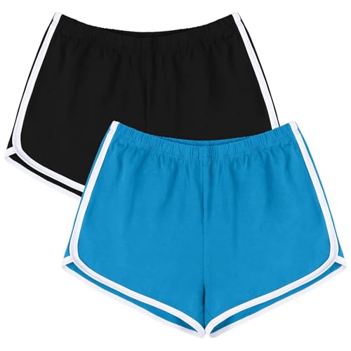 URATOT Women's Cotton Shorts Gym Shorts Yoga Shorts Summer Running Active Shorts Dance Elastic Shorts, Pack of 2 Black, Lake Blue - Image 1