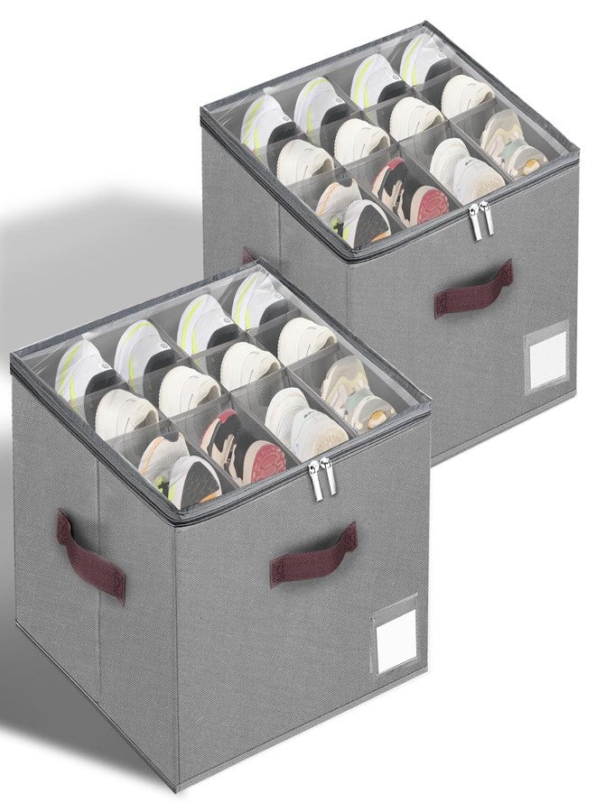 ZingFsh Shoe Organizer for Closet, 2 Pack Large Shoe Box Storage Containers,Shoe Storage Bins Fits 12-16 Pairs，Space Saving Shoe Organizers Bins with Clear Lids and Handles,Grey - Image 1