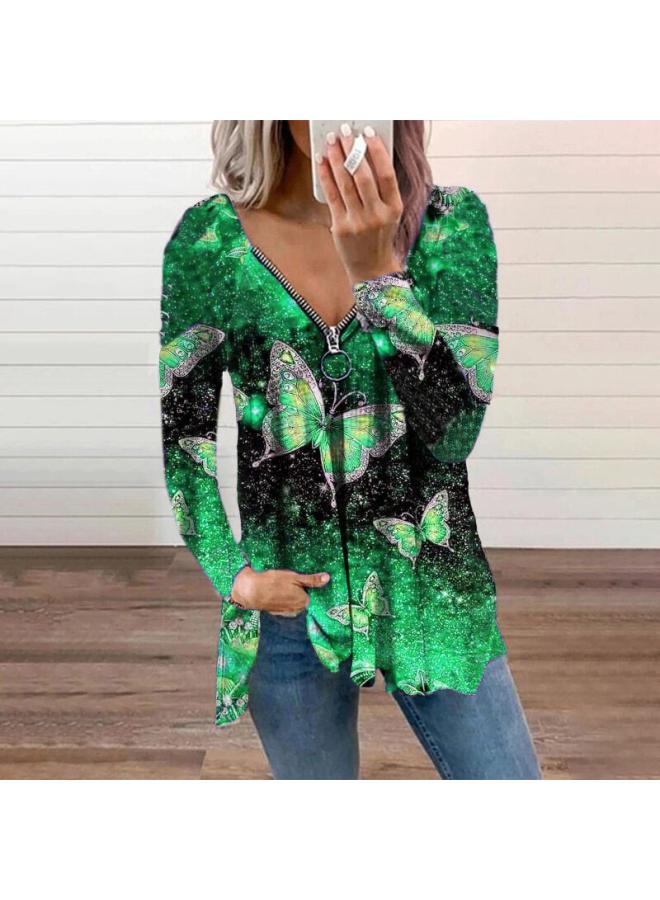 Europe And The United States New V-neck Women's Spring And Autumn Zipper Pullover Printed Loose Women's Long Sleeve Women's Clothing 