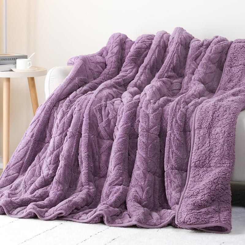 Cottonblue Jacquard Weighted Blanket 15 lbs for Adults Queen Twin Full Size, Fuzzy Sherpa Fleece Weighted Throw Blankets 60x80 in for Relax & Sleep, Cozy Heavy Bed Blankets with Cemaric Beads, Purple - Image 1