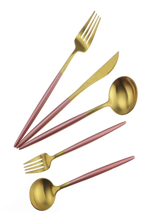 Gugrida Pink Gold Flatware, Royal 20 Piece Matte Pink Handle 18/10 Stainless Steel Tableware Sets for 4 Including Forks Spoons Knives, Camping Silverware Travel Utensils Set Cutlery (Pink Gold) - Image 3