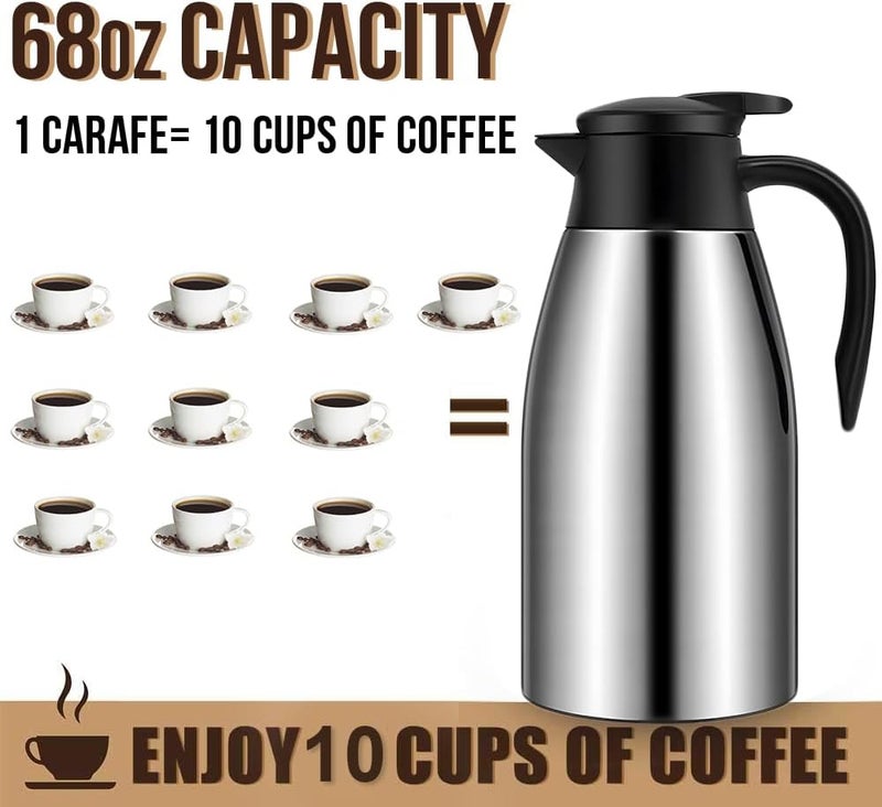 GearRoot 68oz Thermal Coffee Carafe, 2 Pack Airpot Insulated Coffee Urns Stainless Steel Vacuum Thermal Pot Dispenser for Coffee, Hot Water, Tea, Hot Beverage - Keep 12 Hours Hot, 24 Hours Cold (Silver,Silver) - Image 2