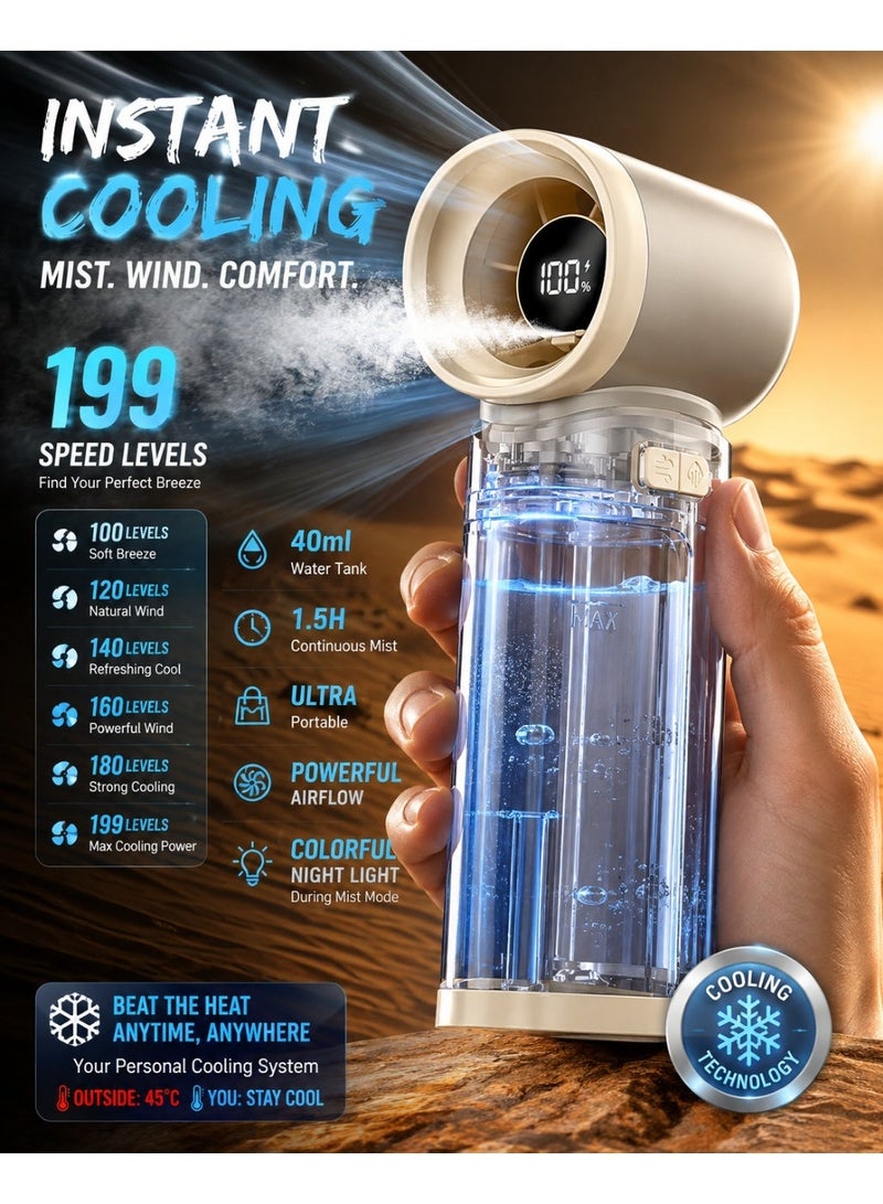 Handheld Misting Fan Portable Cooling Spray Fan With 199 Speed 10H Long Battery 4000Mah Rechargeable Battery Smart Led Display High Speed Turbo Pocket Fan With Colorful Mist Light Personal Makeup Eyelash Fan For Car Camping Travel Outdoor Home Office