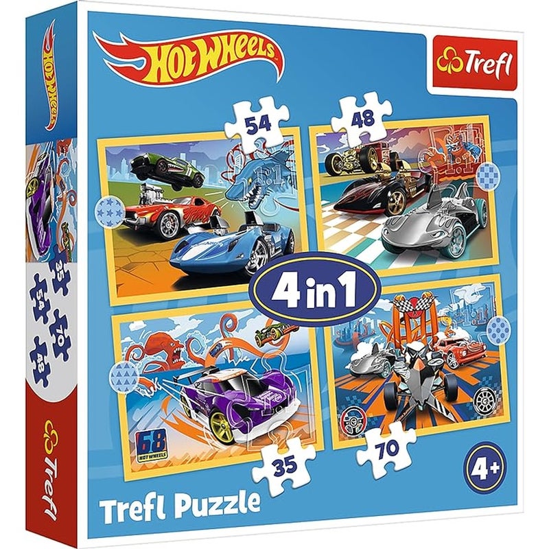 Trefl - Hot Wheels Vehicles 4 in 1 Puzzle (35+48+54+70) Pieces - 34627 - Image 1