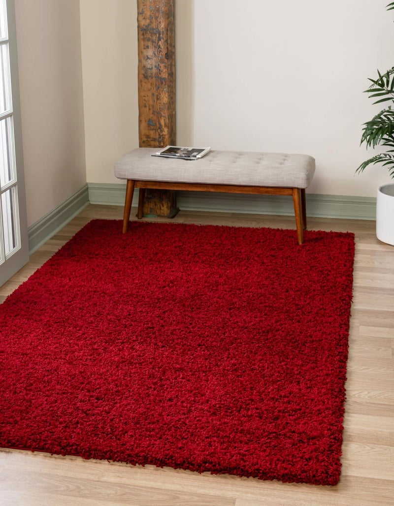 Unique Loom Solid Shag Collection Area Rug 9 x 12 2 Rectangle Cherry Red