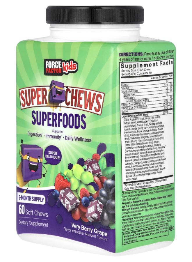 Force Factor Kids Super Chews Superfoods Very Berry Grape 60 Soft Chews - Image 2