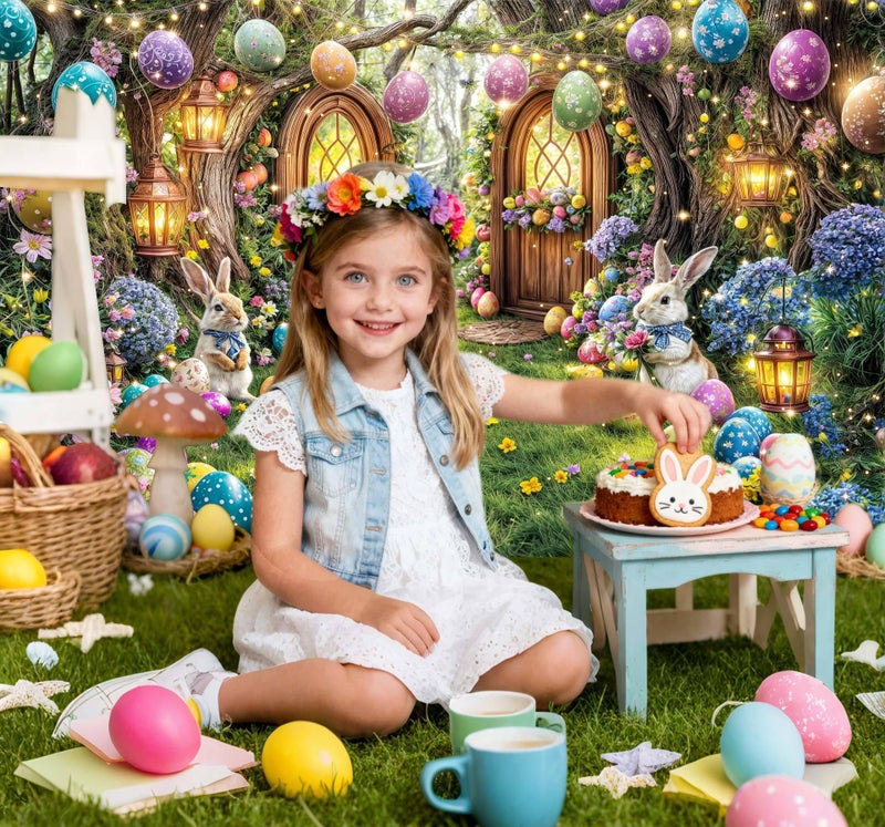 DeeCabin 7X5ft Enchanted Forest Easter Backdrop Fairy Tale Rabbit Magic Garden Easter Egg Wonderland Floral Photography Background for Kids Girls Party Decoration Cake Table Photo Booth Props - Image 2