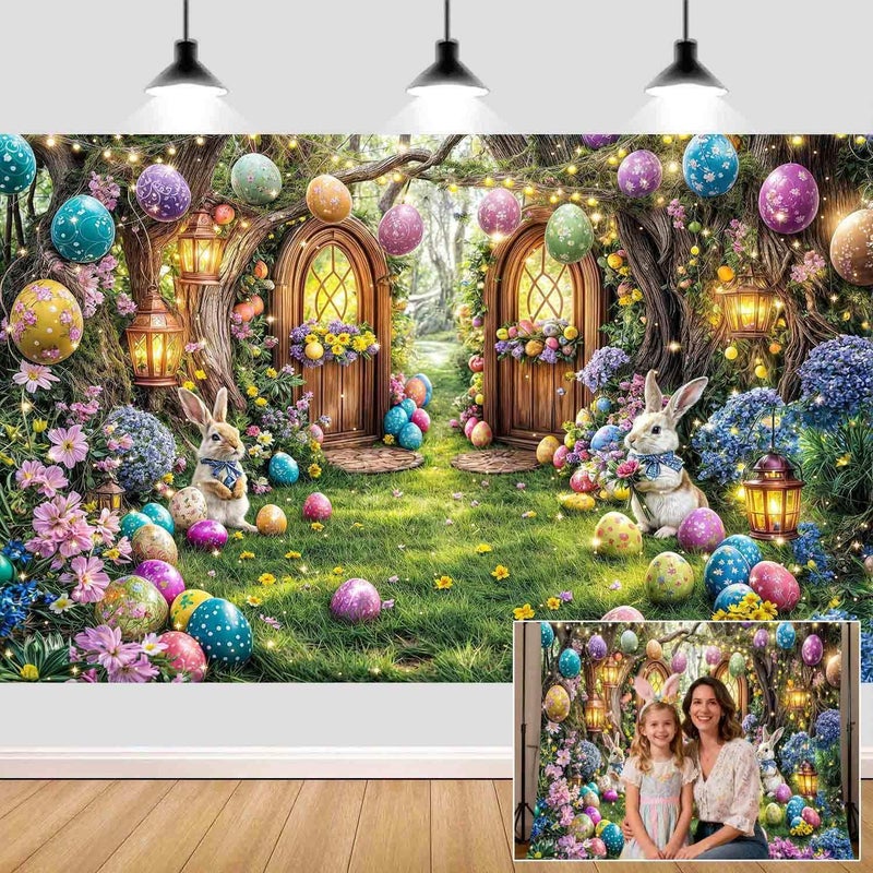 DeeCabin 7X5ft Enchanted Forest Easter Backdrop Fairy Tale Rabbit Magic Garden Easter Egg Wonderland Floral Photography Background for Kids Girls Party Decoration Cake Table Photo Booth Props - Image 1