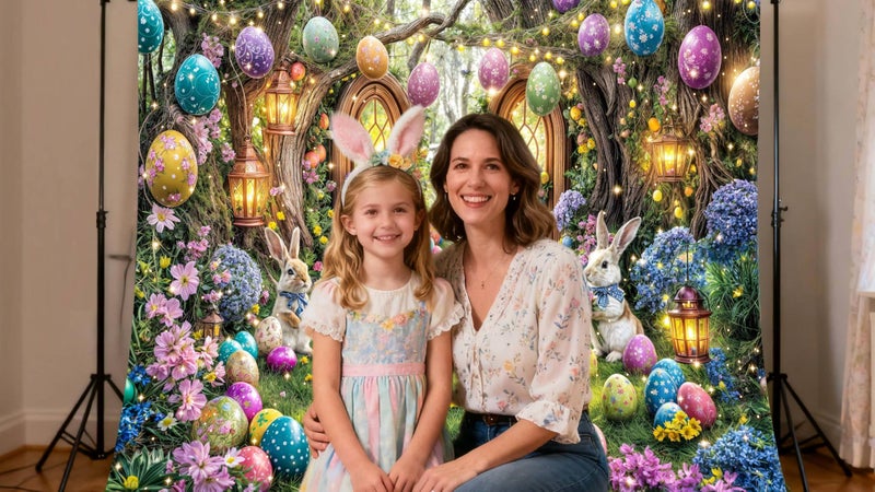 DeeCabin 7X5ft Enchanted Forest Easter Backdrop Fairy Tale Rabbit Magic Garden Easter Egg Wonderland Floral Photography Background for Kids Girls Party Decoration Cake Table Photo Booth Props - Image 3