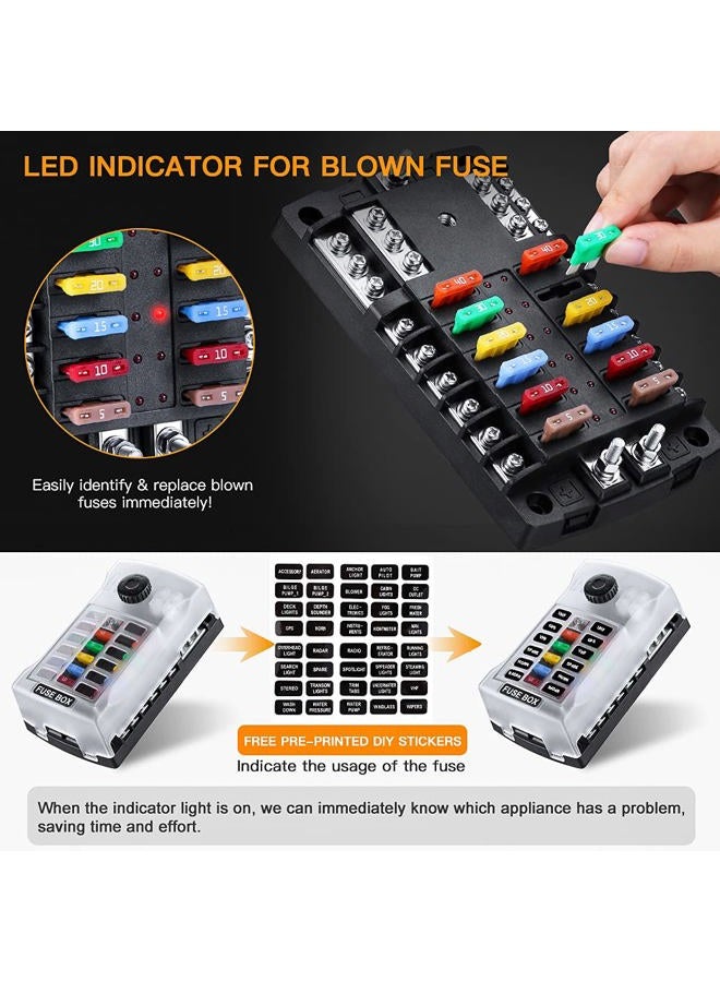 ELECTOP Upgraded 300A 12 Way Blade Fuse Block Fuse Box with 2 Positive Power Inputs Negative Bus, 12 Circuit Fuse Holder ATC/ATO Fuse Block Panel with LED Indicator for 12V/24V Car Truck Boat Marine - Image 5