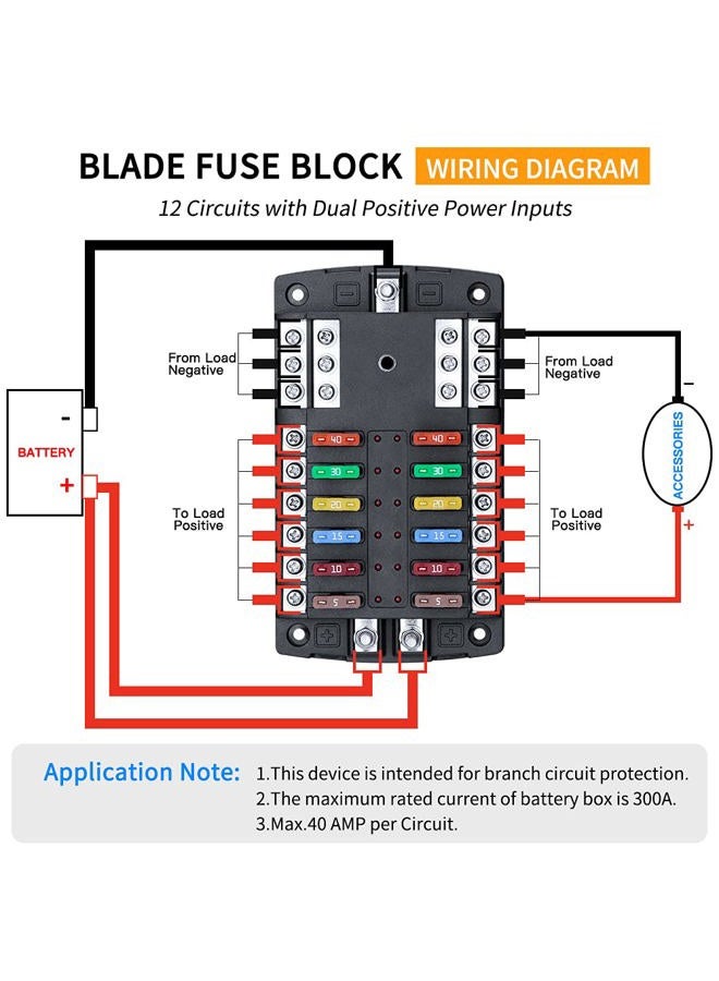 ELECTOP Upgraded 300A 12 Way Blade Fuse Block Fuse Box with 2 Positive Power Inputs Negative Bus, 12 Circuit Fuse Holder ATC/ATO Fuse Block Panel with LED Indicator for 12V/24V Car Truck Boat Marine - Image 2